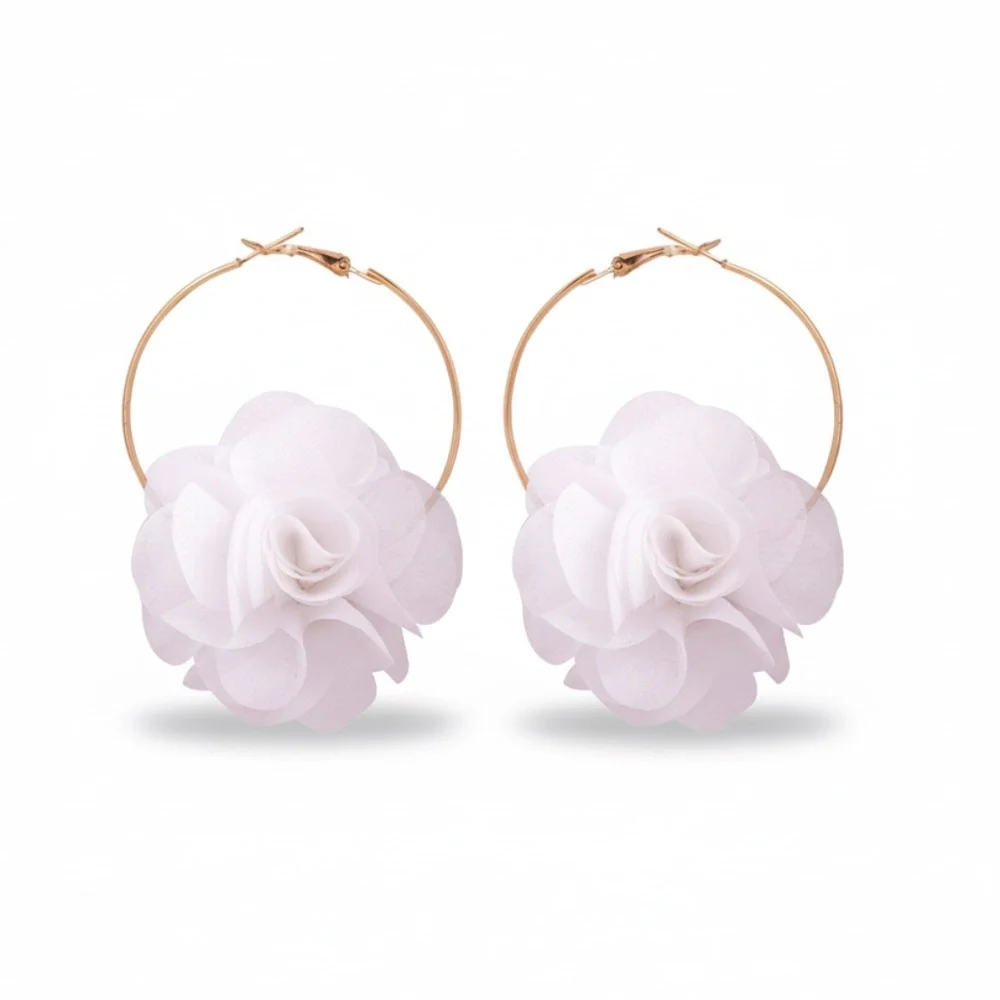 Womens‎ Gold Tone Hoop White Flower Earrings